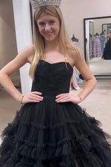 Dreamyannie Black Prom Dress Tiered A-Line Sweetheart Long Formal Dress