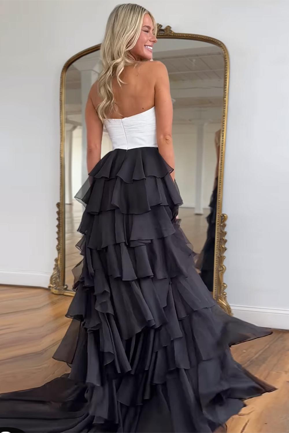 Dreamyannie Black Prom Dress White Prom Dress Sweetheart Ruffled Long Formal Dress With Slit