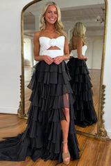 Dreamyannie Black Prom Dress White Prom Dress Sweetheart Ruffled Long Formal Dress With Slit