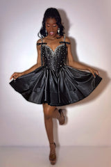 Dreamyannie Black Satin Homecoming Dresses Short Corset Cocktail Dresses With Rhinestones