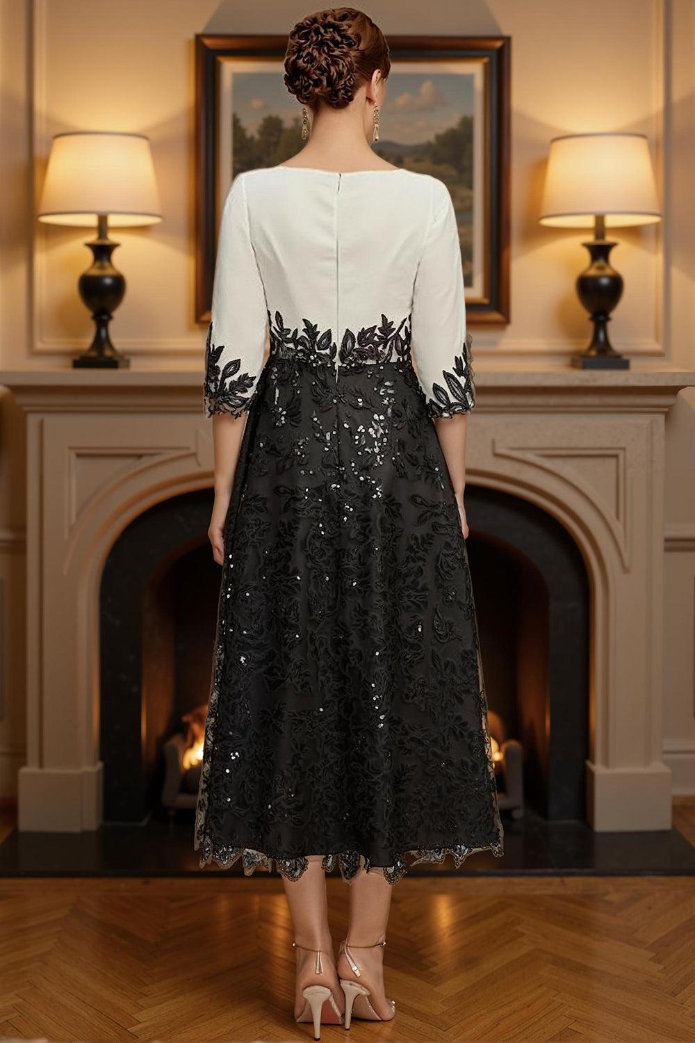 Dreamyannie Black Sequins A Line Tea Length Mother Of The Bride Dress With Lace