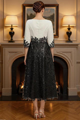 Dreamyannie Black Sequins A Line Tea Length Mother Of The Bride Dress With Lace