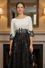 Dreamyannie Black Sequins A Line Tea Length Mother Of The Bride Dress With Lace