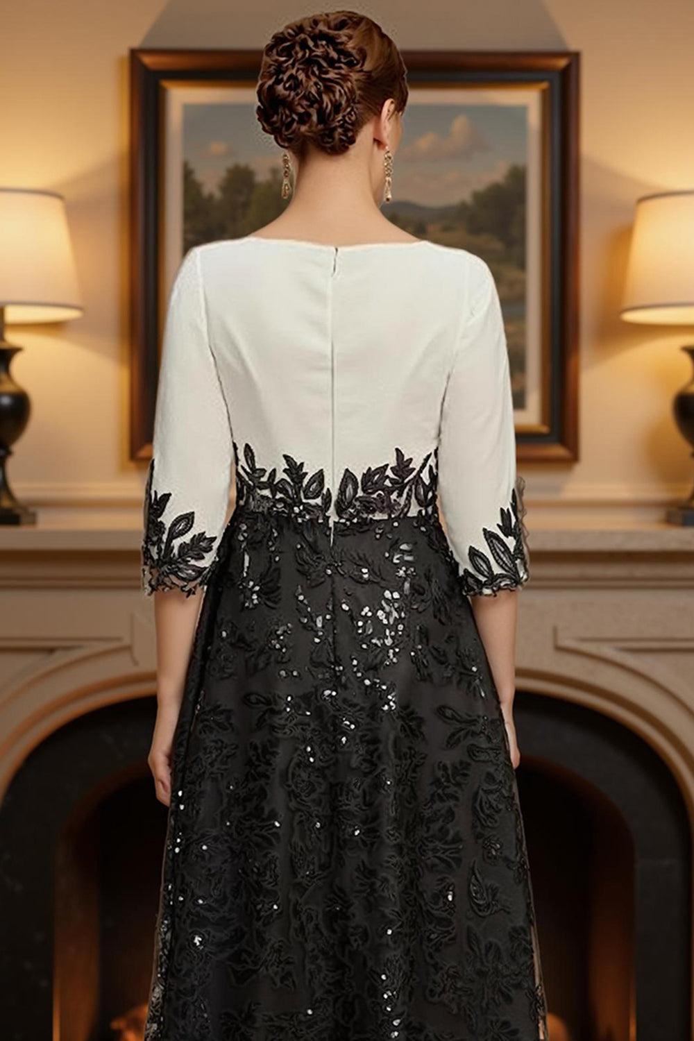 Dreamyannie Black Sequins A Line Tea Length Mother Of The Bride Dress With Lace