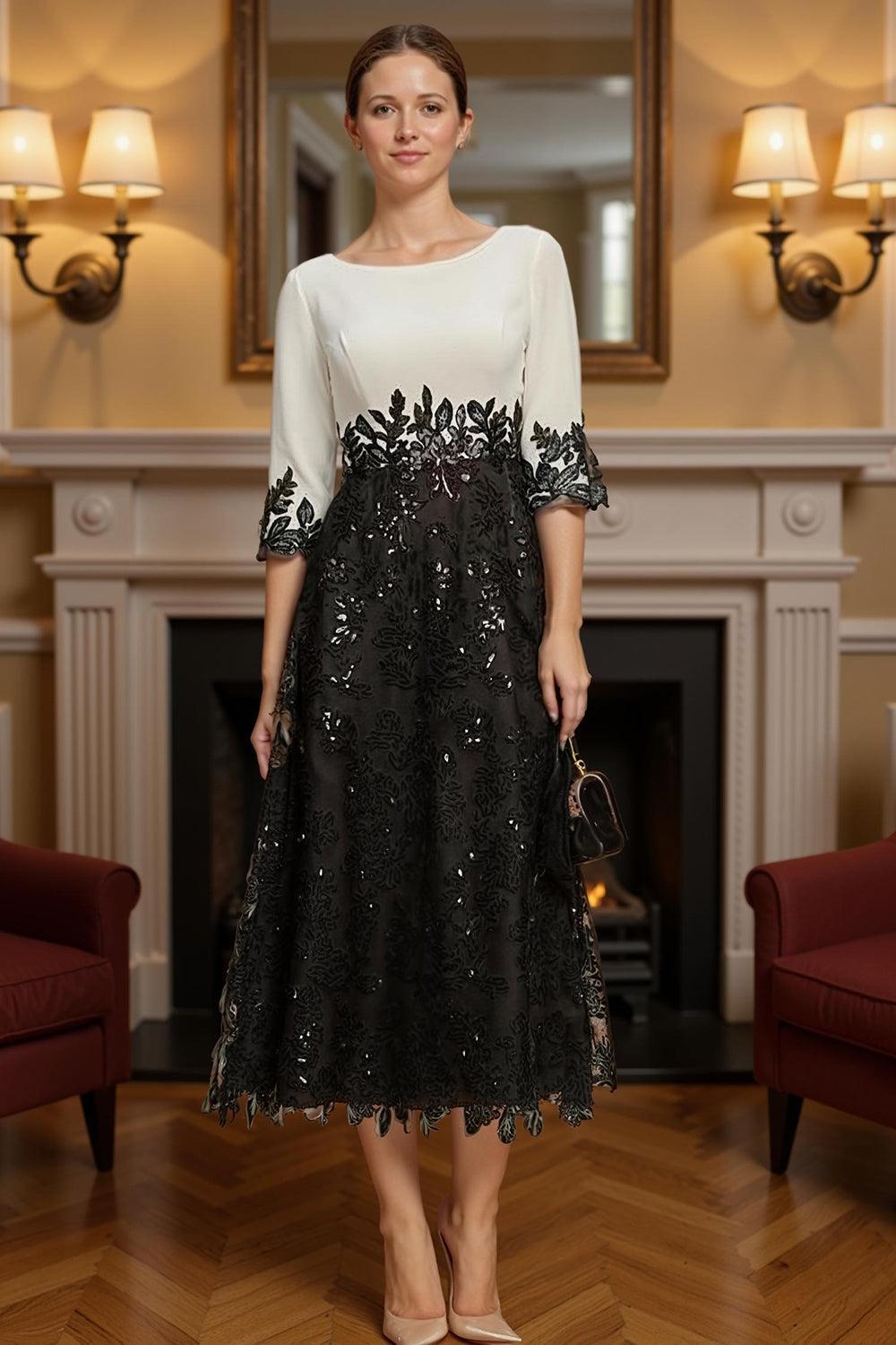 Dreamyannie Black Sequins A Line Tea Length Mother Of The Bride Dress With Lace