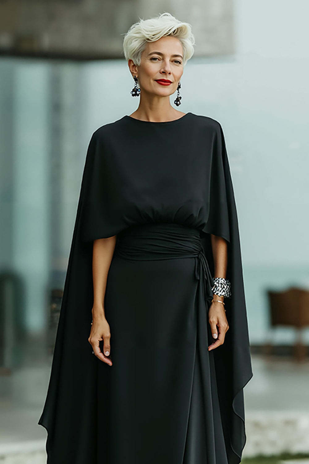 Dreamyannie Black Sheath Boat Neck Long Mother Of The Bride Dress With Cape
