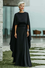 Dreamyannie Black Sheath Boat Neck Long Mother Of The Bride Dress With Cape