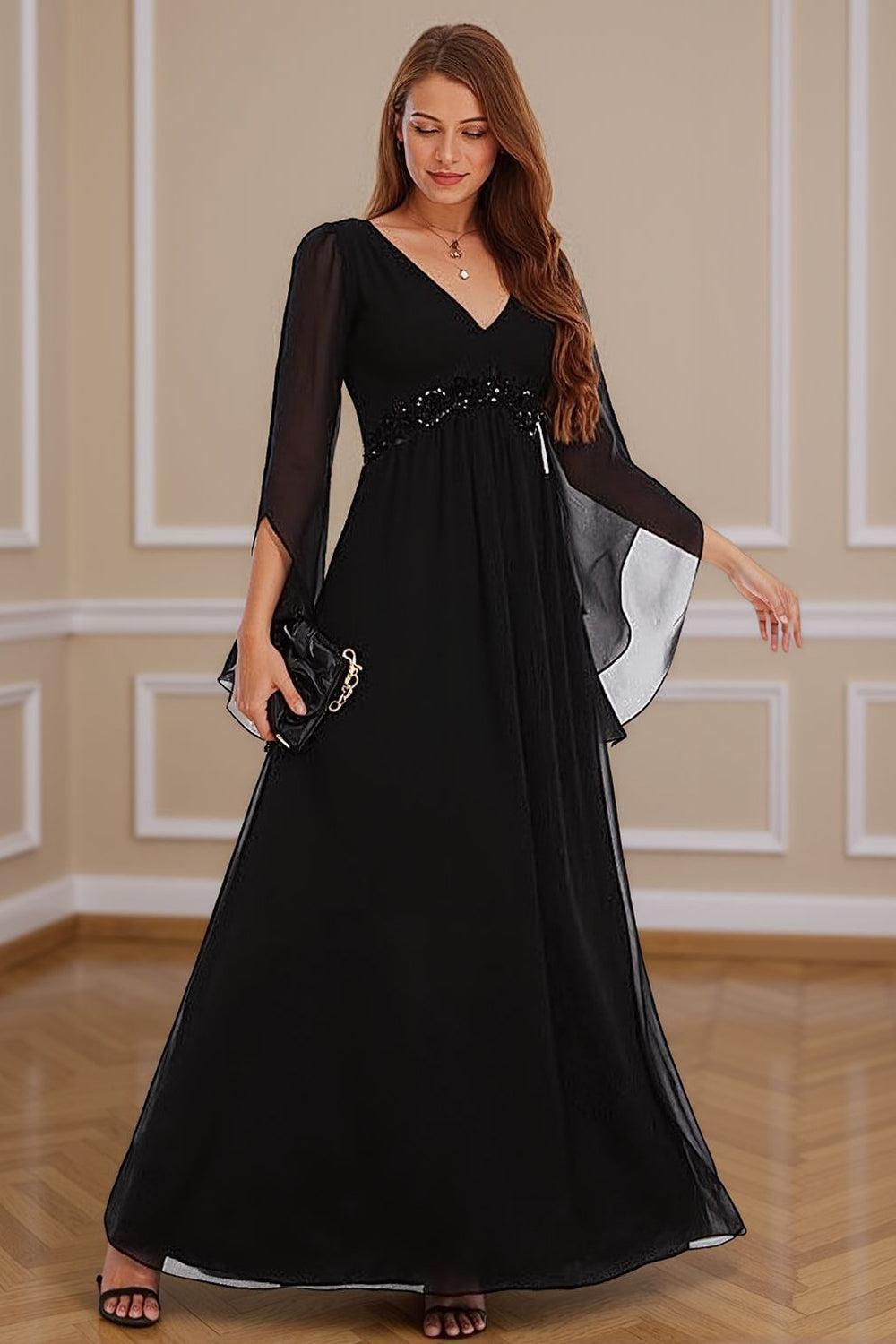 Dreamyannie Black V Neck Beaded Floor Length Mother Of The Bride Dress