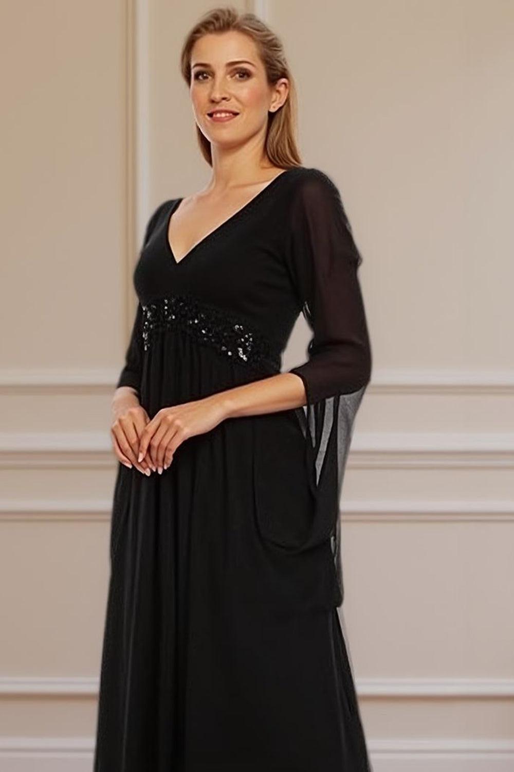 Dreamyannie Black V Neck Beaded Floor Length Mother Of The Bride Dress