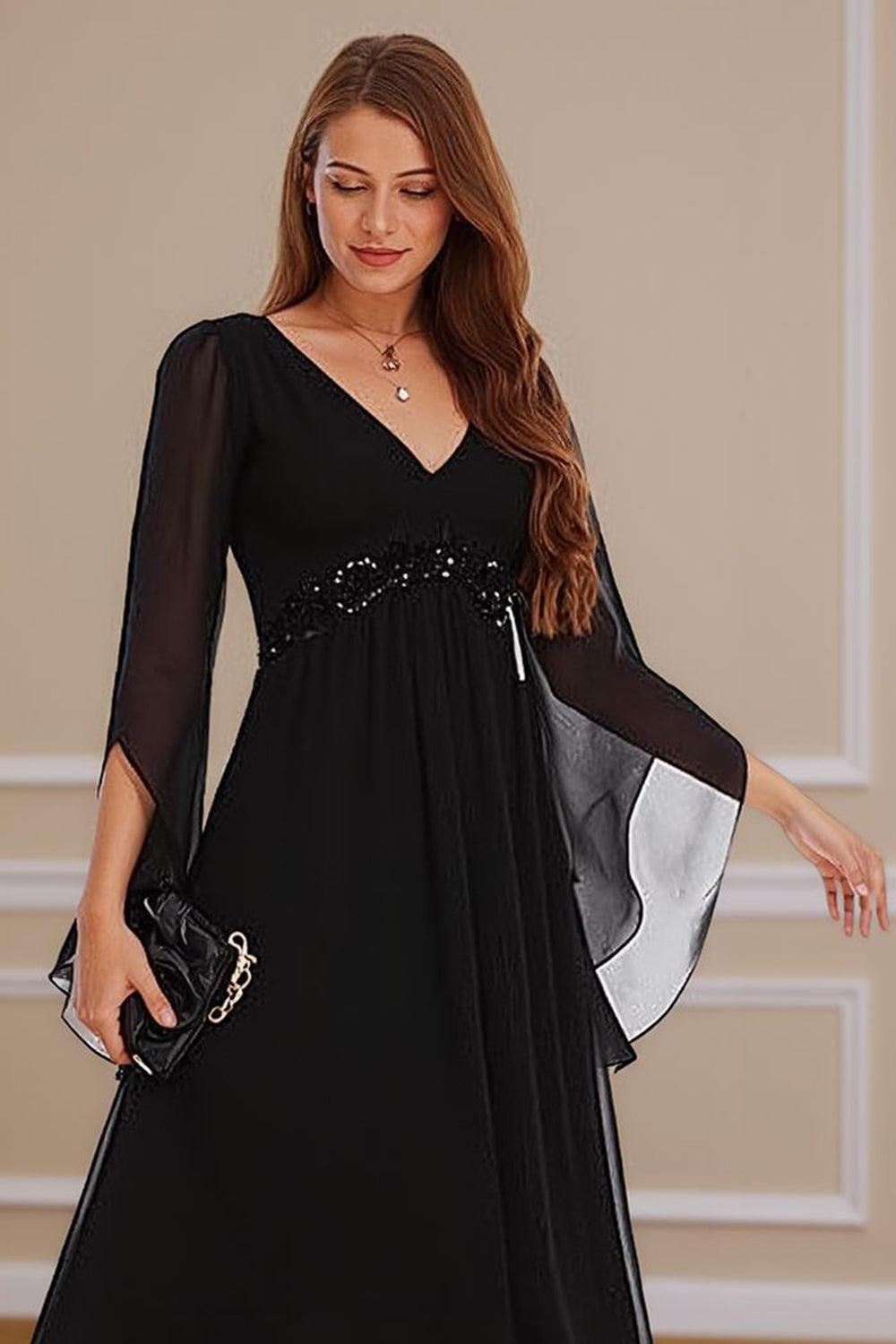 Dreamyannie Black V Neck Beaded Floor Length Mother Of The Bride Dress