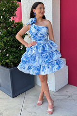 Dreamyannie Blue Floral Ruffled A Line Homecoming Dresses One Shoulder Short Cocktail Dresses