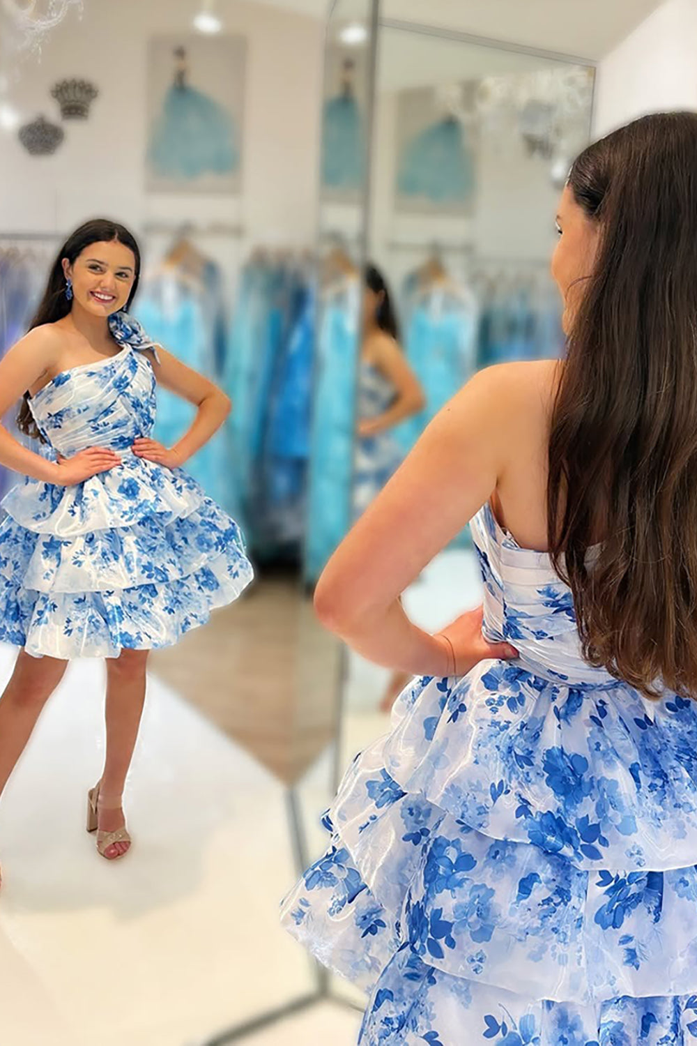 Dreamyannie Blue Floral Ruffled A Line Homecoming Dresses One Shoulder Short Cocktail Dresses