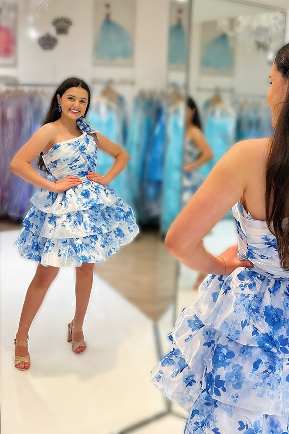 Dreamyannie Blue Floral Ruffled A Line Homecoming Dresses One Shoulder Short Cocktail Dresses