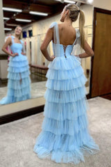 Dreamyannie Blue Prom Dress A-Line Ruffled Tulle Long Formal Dress With Slit
