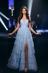 Dreamyannie Blue Prom Dress A Line Spaghetti Straps V Neck Tulle Formal Dress With Slit
