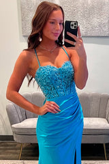 Dreamyannie Blue Prom Dress Appliqued Spaghetti Straps Long Formal Dress With Slit