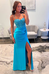 Dreamyannie Blue Prom Dress Appliqued Spaghetti Straps Long Formal Dress With Slit