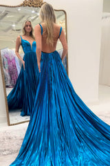Dreamyannie Blue Prom Dress Backless Metallic A Line Long Formal Dress