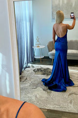 Dreamyannie Blue Prom Dress Beaded Spaghetti Straps Satin Formal Dress With Slit