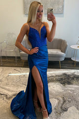 Dreamyannie Blue Prom Dress Beaded Spaghetti Straps Satin Formal Dress With Slit