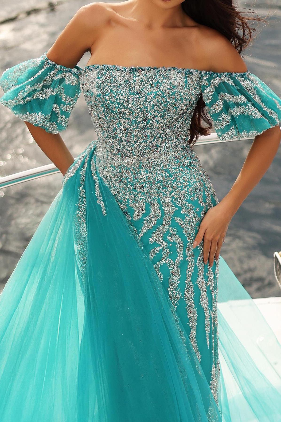 Dreamyannie Blue Prom Dress Column Strapless Off The Shoulder Sleeveless Sequined Panel Train Tulle Formal Dress