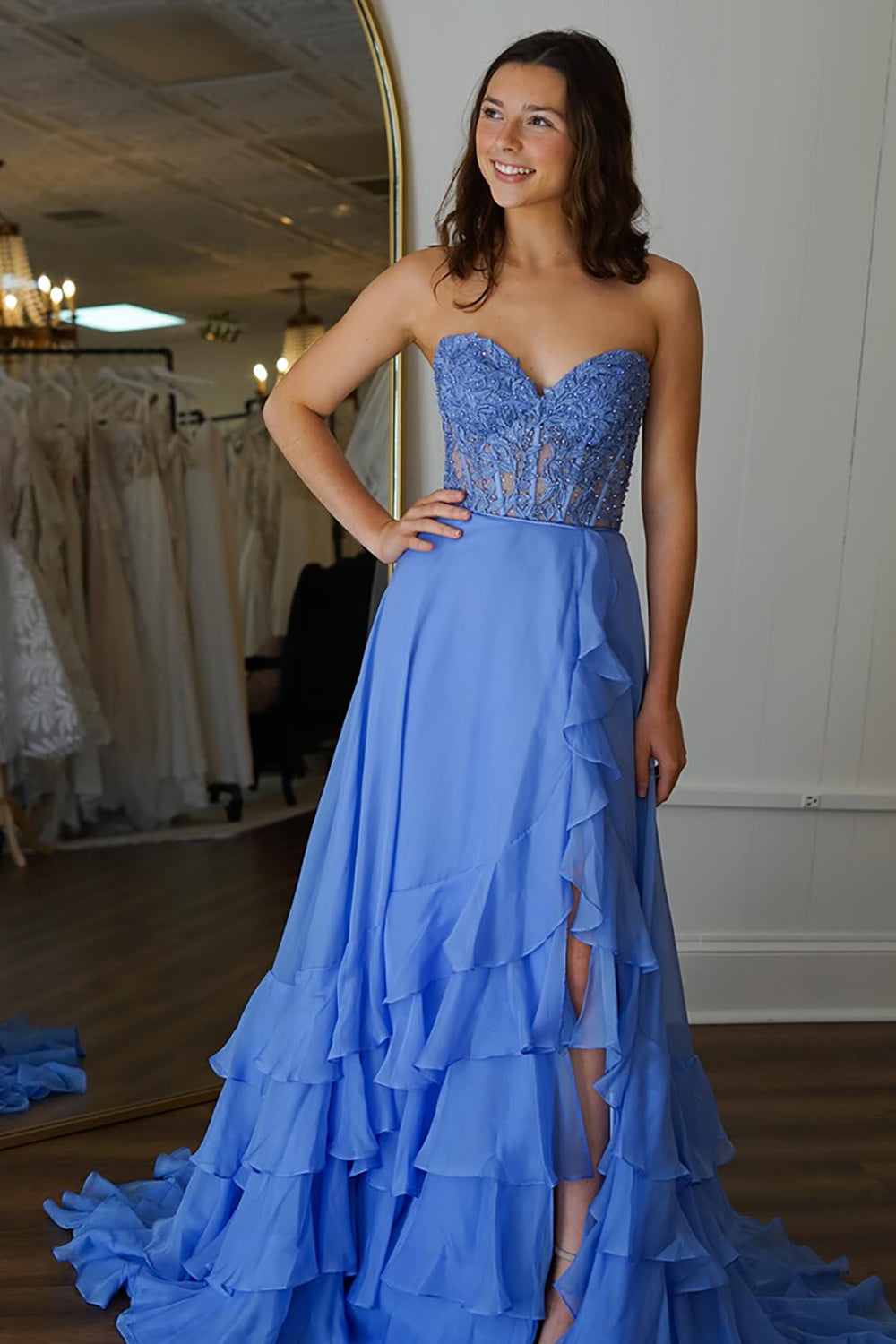 Dreamyannie Blue Prom Dress Corset Ruffled Chiffon Long Formal Dress With Slit