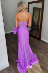 Dreamyannie Blue Prom Dress Corset Strapless Long Formal Dress With Slit