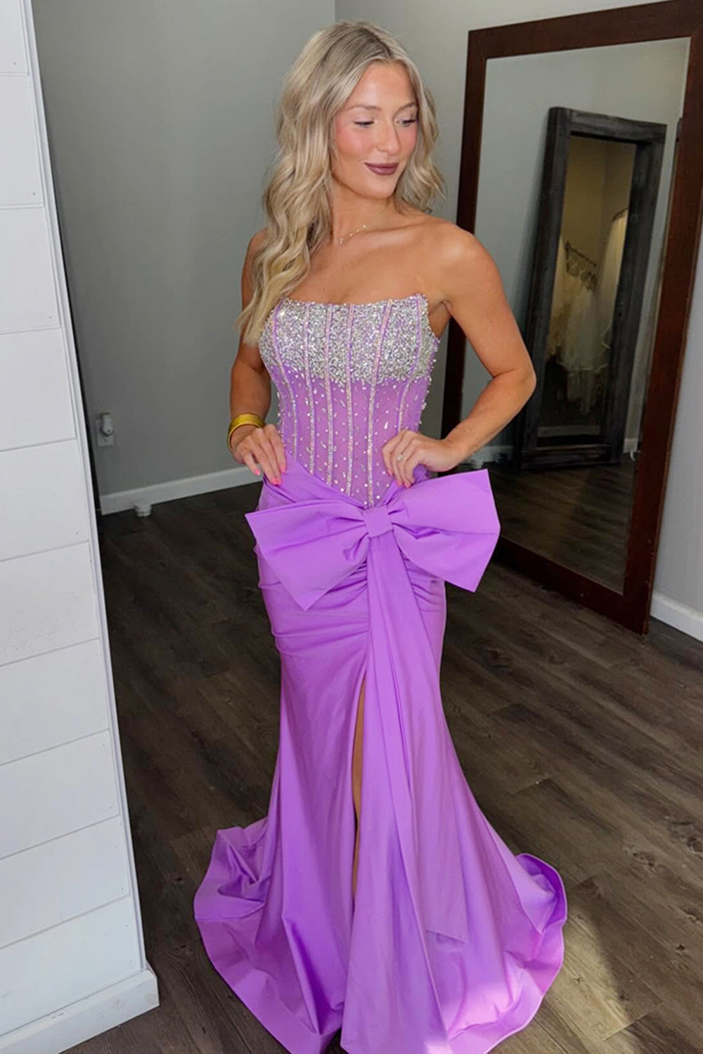 Dreamyannie Blue Prom Dress Corset Strapless Long Formal Dress With Slit
