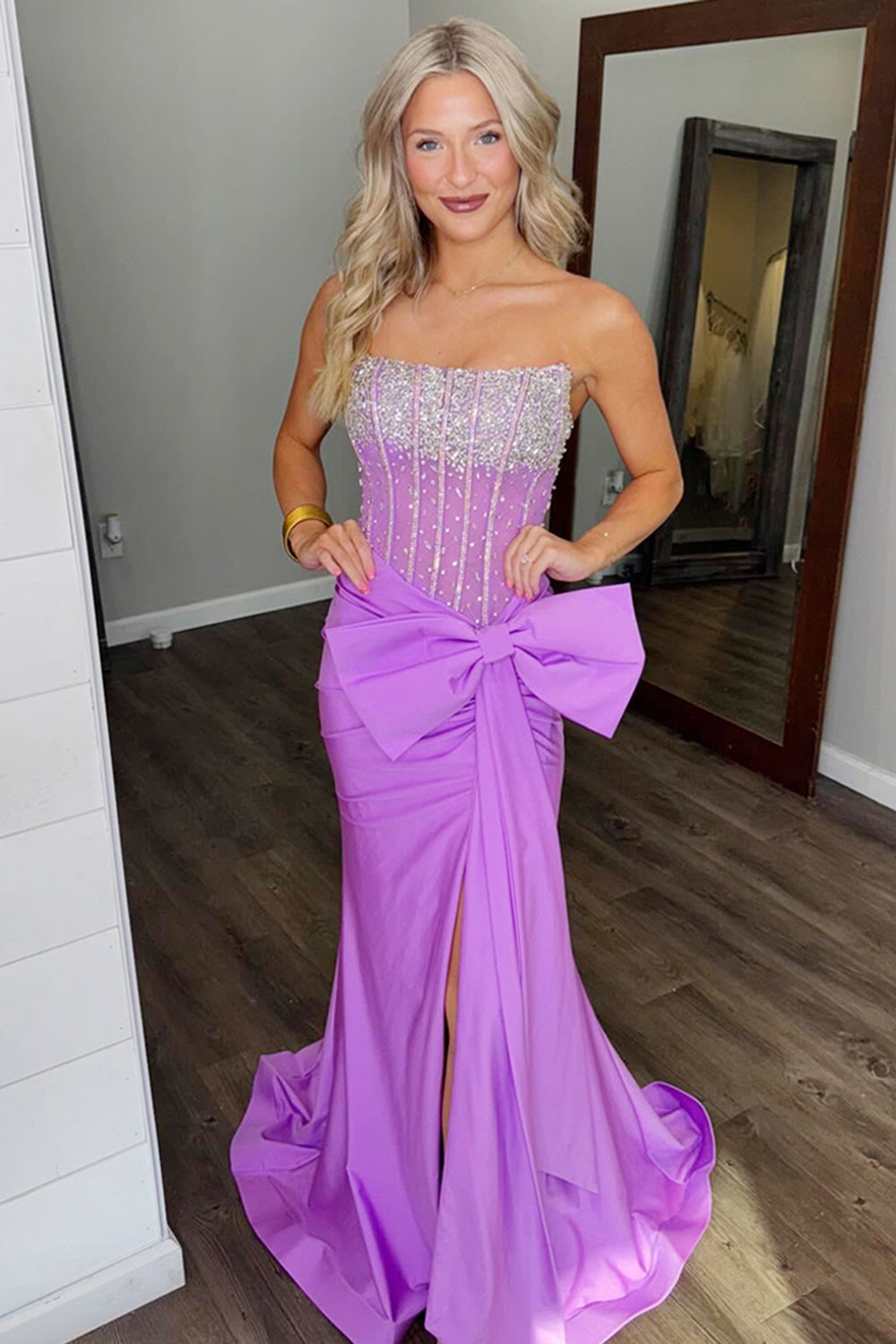 Dreamyannie Blue Prom Dress Corset Strapless Long Formal Dress With Slit