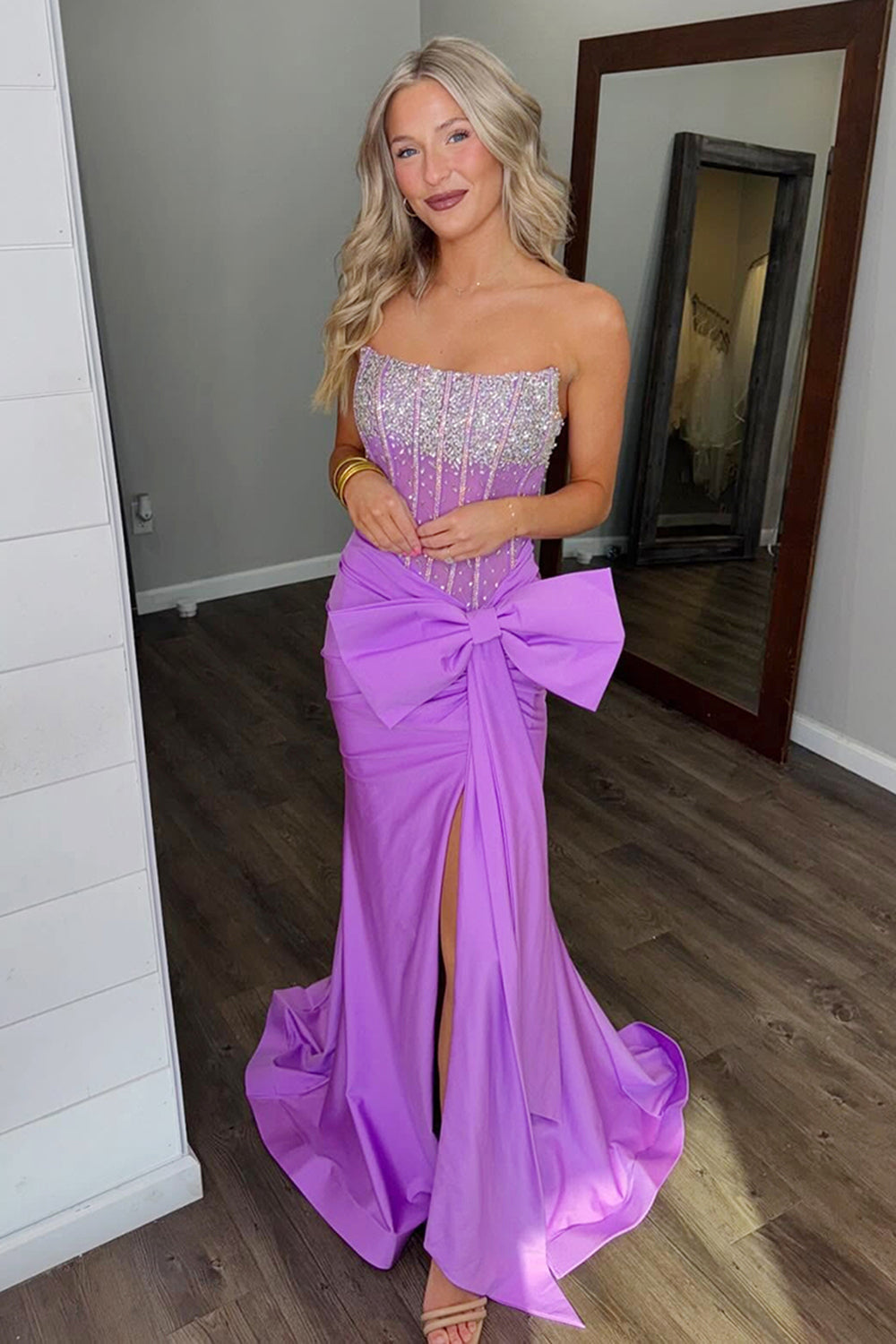 Dreamyannie Blue Prom Dress Corset Strapless Long Formal Dress With Slit