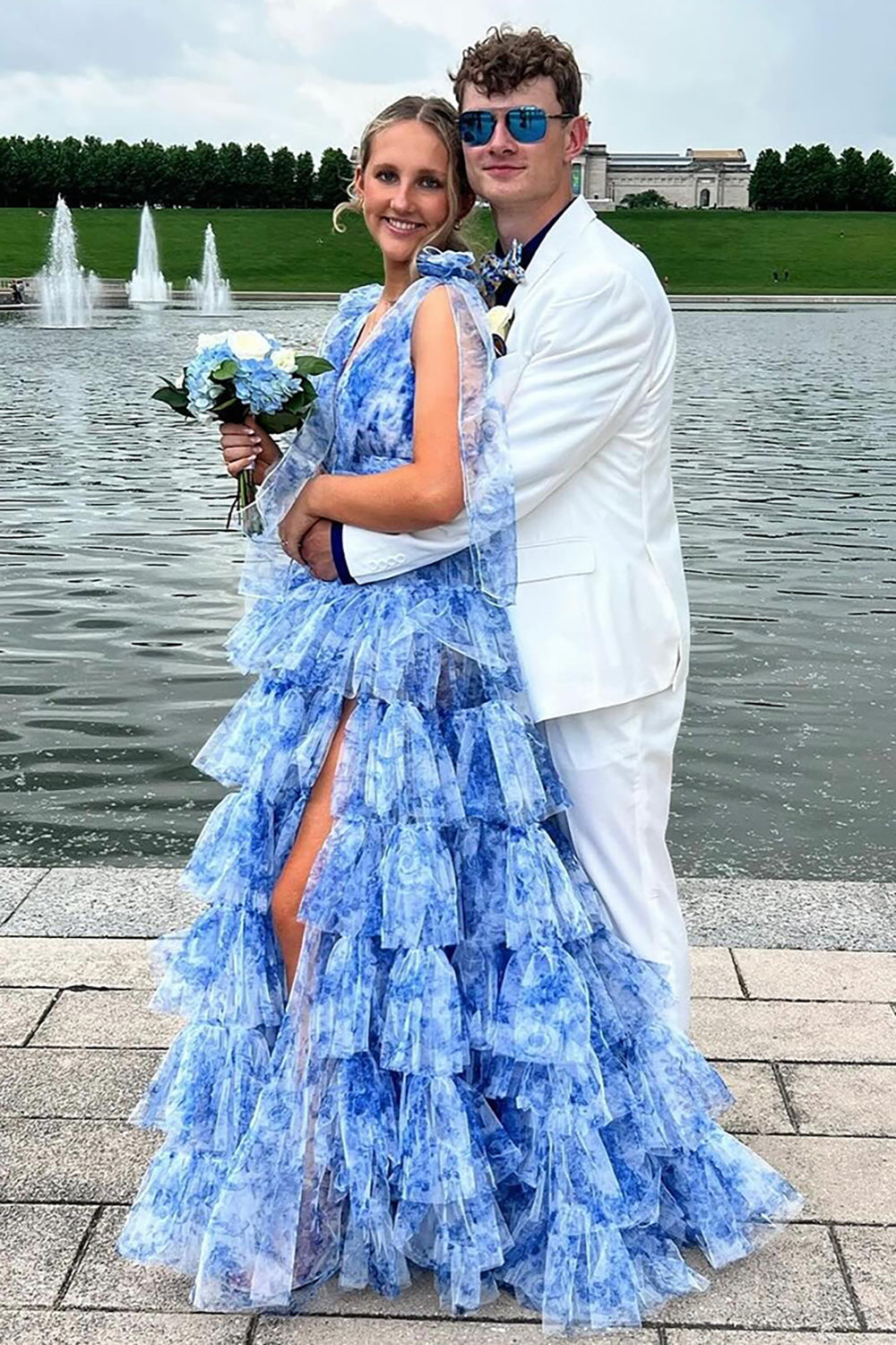 Dreamyannie Blue Prom Dress Floral A-Line Tiered Tie-Strap Formal Dress With Slit