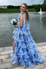 Dreamyannie Blue Prom Dress Floral A-Line Tiered Tie-Strap Formal Dress With Slit