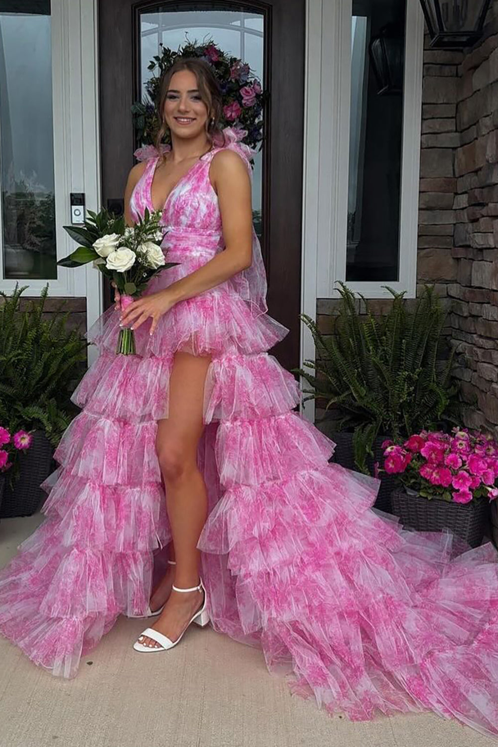Dreamyannie Blue Prom Dress Floral A-Line Tiered Tie-Strap Formal Dress With Slit