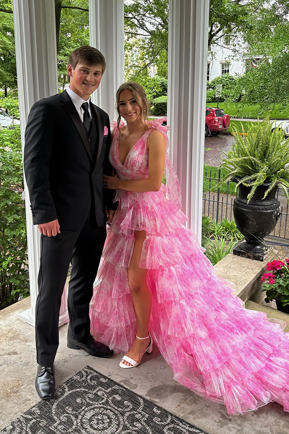 Dreamyannie Blue Prom Dress Floral A-Line Tiered Tie-Strap Formal Dress With Slit