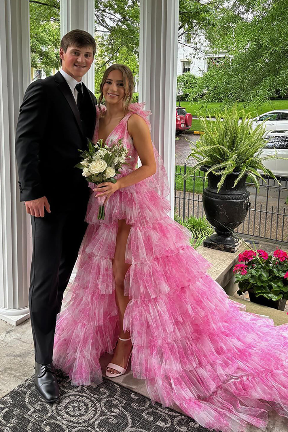 Dreamyannie Blue Prom Dress Floral A-Line Tiered Tie-Strap Formal Dress With Slit