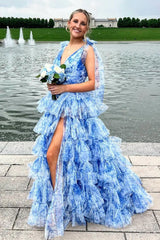 Dreamyannie Blue Prom Dress Floral A-Line Tiered Tie-Strap Formal Dress With Slit