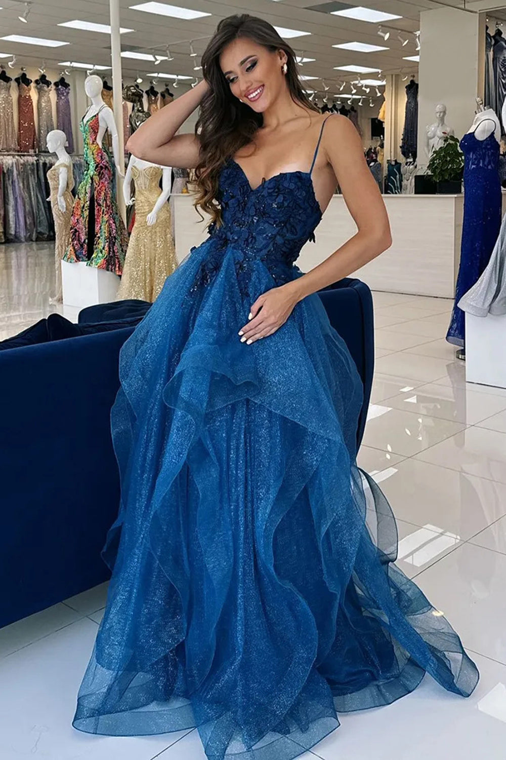 Dreamyannie Blue Prom Dress Floral Ruffled A-Line Spaghetti Straps Long Formal Dress