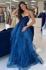 Dreamyannie Blue Prom Dress Floral Ruffled A-Line Spaghetti Straps Long Formal Dress