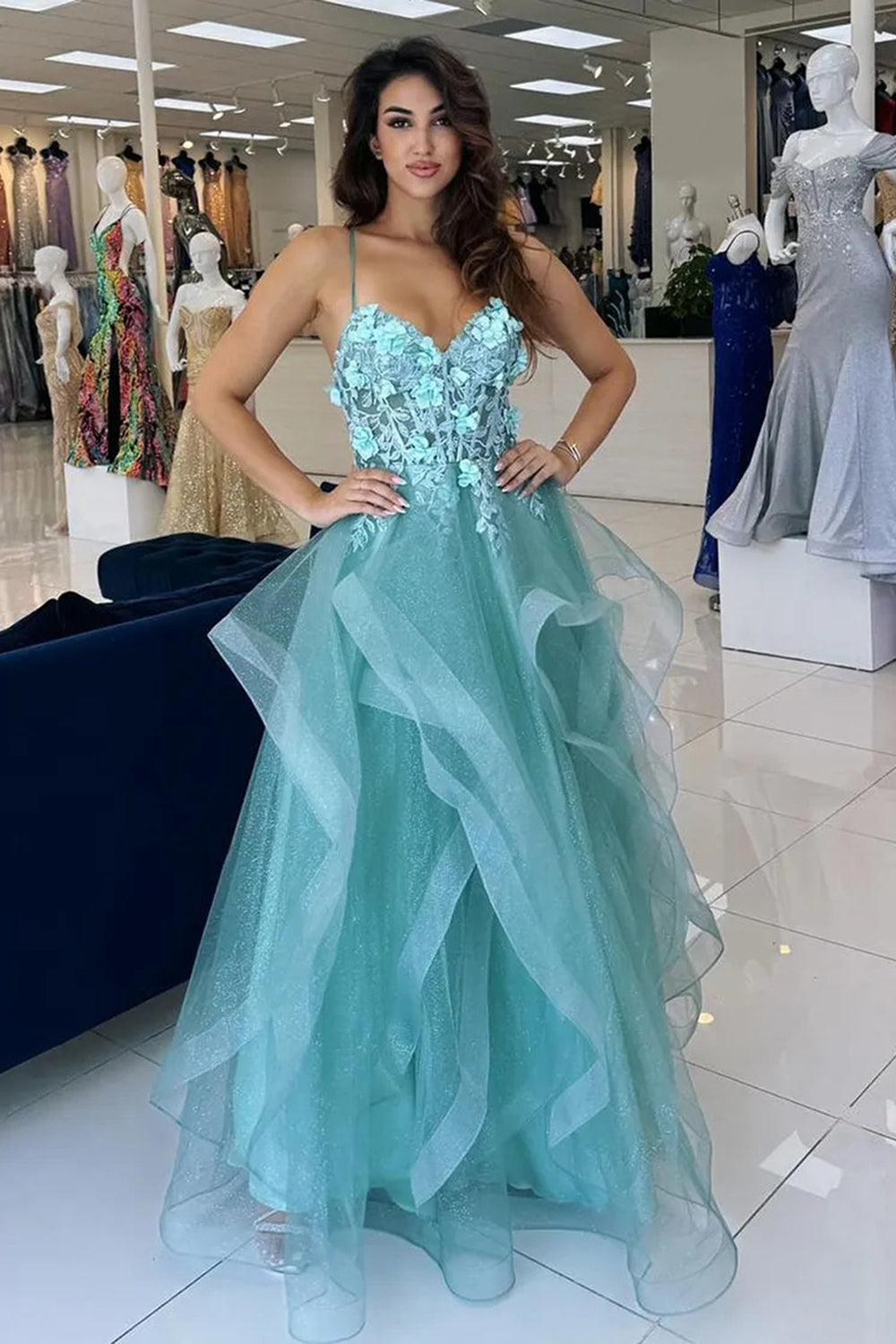 Dreamyannie Blue Prom Dress Floral Ruffled A-Line Spaghetti Straps Long Formal Dress