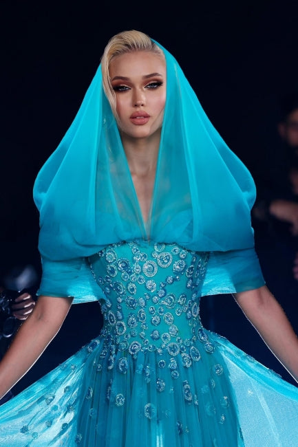 Dreamyannie Blue Prom Dress Off The Shoulder A Line Sleeveless Tulle Formal Dress With Appliques