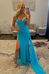 Dreamyannie Blue Prom Dress Off The Shoulder Mermaid Long Formal Dress With Side Cape