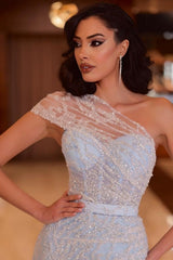 Dreamyannie Blue Prom Dress One Shoulder Beading Lace Formal Dress With Slit