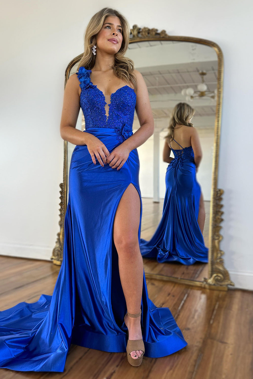 Dreamyannie Blue Prom Dress One Shoulder Mermaid Satin Long Formal Dress With Slit