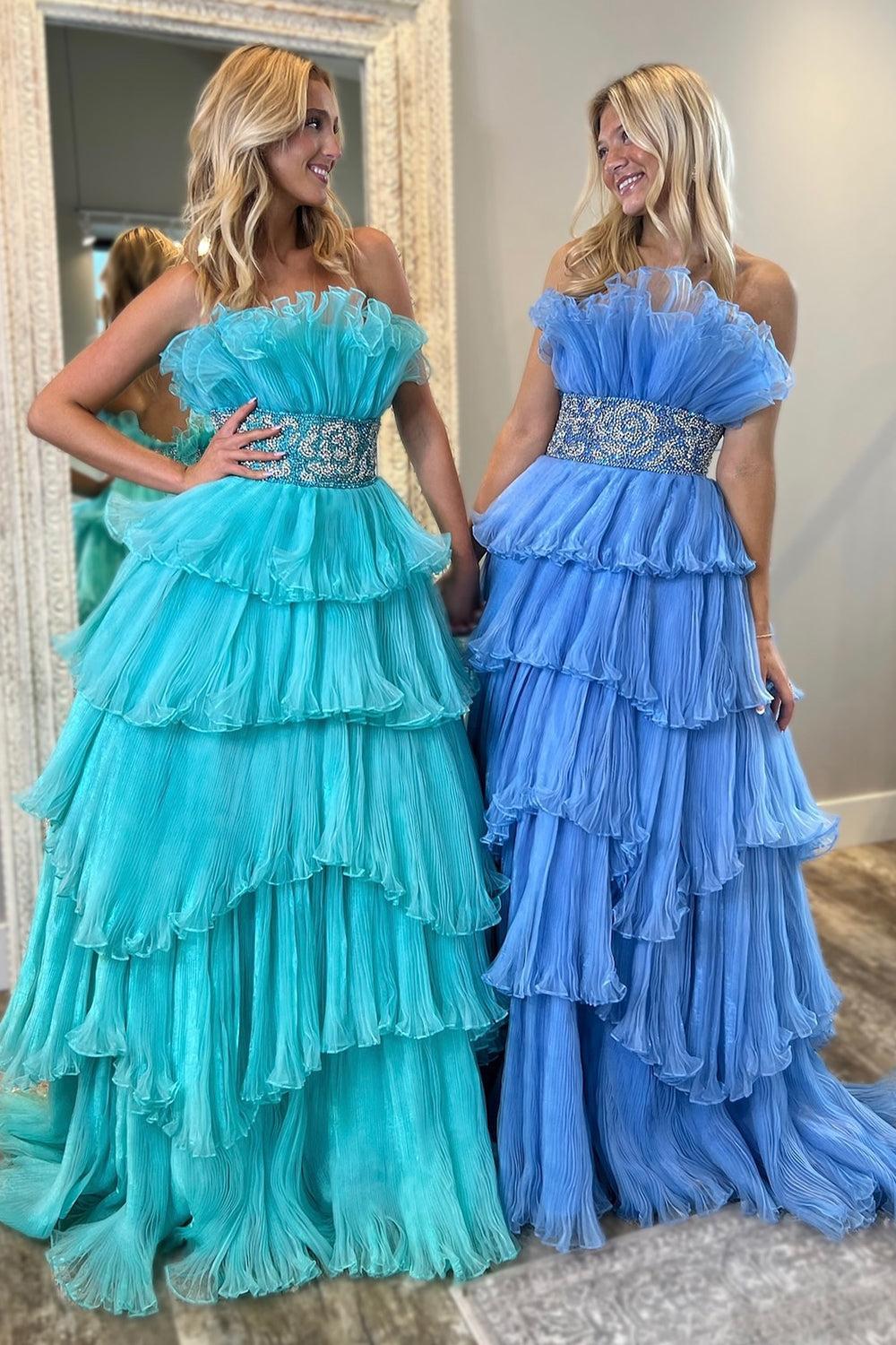 Dreamyannie Blue Prom Dress Ruffled Beaded A-Line Long Formal Dress