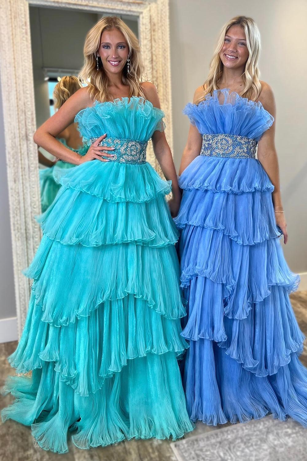 Dreamyannie Blue Prom Dress Ruffled Beaded A-Line Long Formal Dress