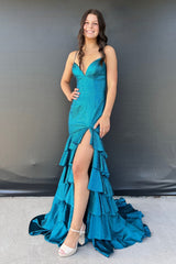Dreamyannie Blue Prom Dress Ruffled Mermaid Spaghetti Straps Formal Dress With Slit