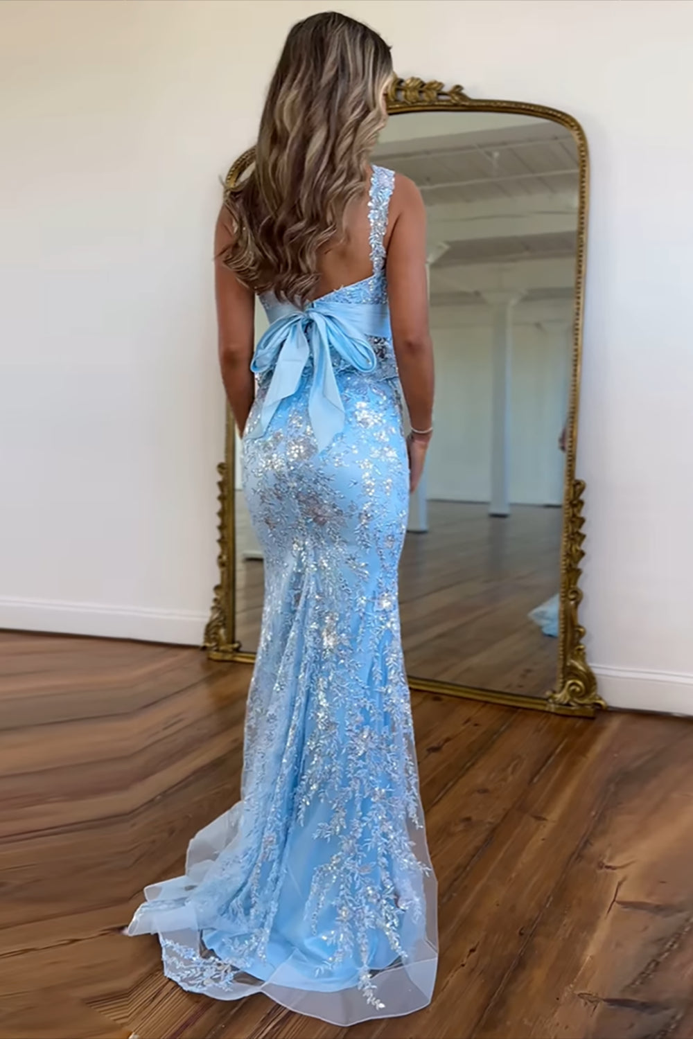 Dreamyannie Blue Prom Dress Sequined Long Mermaid Formal Dress With Bow