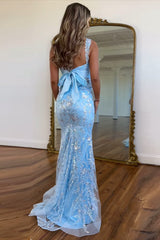 Dreamyannie Blue Prom Dress Sequined Long Mermaid Formal Dress With Bow