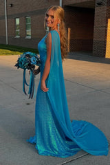Dreamyannie Blue Prom Dress Sequined Mermaid One Shoulder Long Formal Dress With Slit