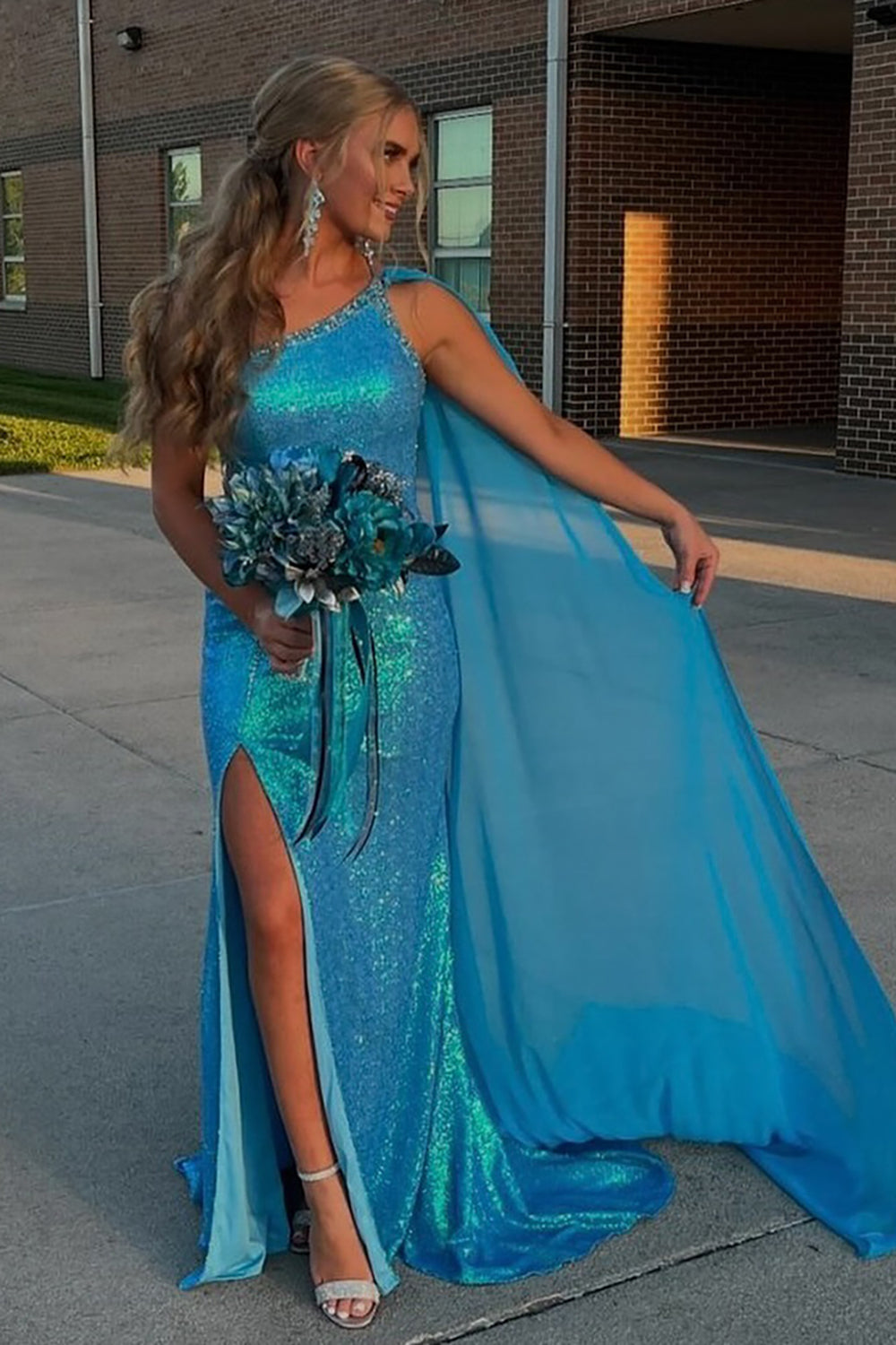 Dreamyannie Blue Prom Dress Sequined Mermaid One Shoulder Long Formal Dress With Slit